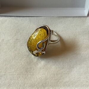 Amber Glass Stone Silver Ring - Yellow Statement Ring